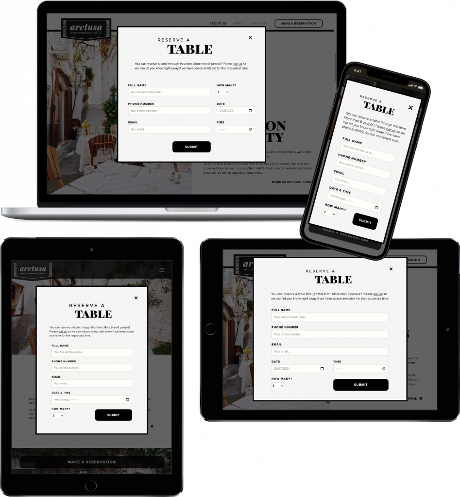 Responsive pop-up reservation form shown on multiple devices