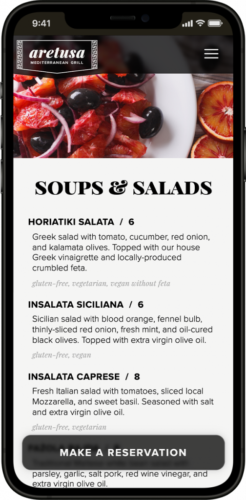 Soups & Salads portion of the menu displayed on mobile