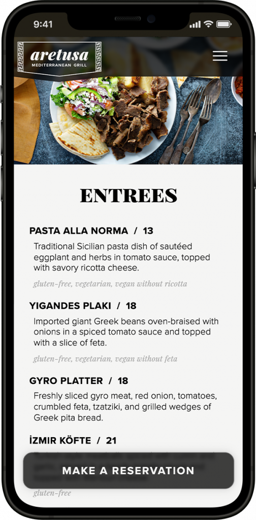 Entrees portion of the menu displayed on mobile