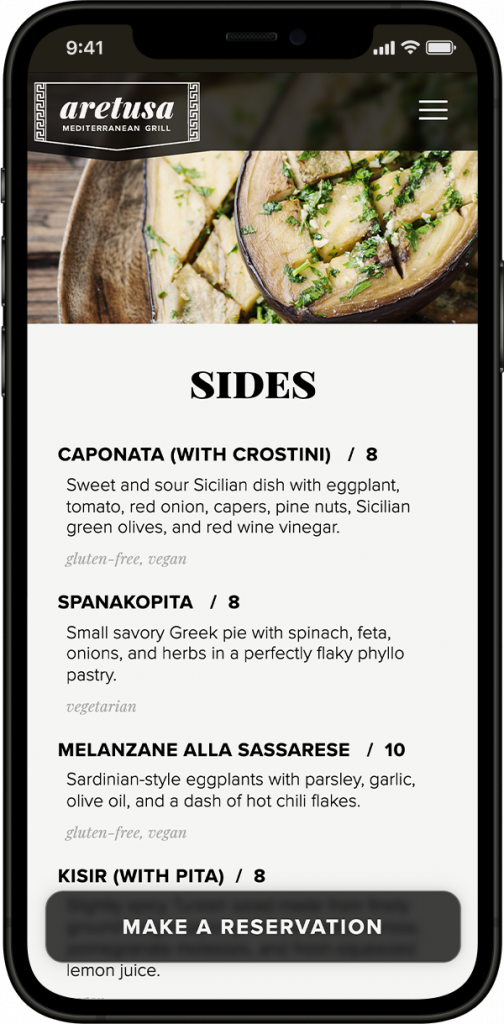 Sides portion of the menu displayed on mobile