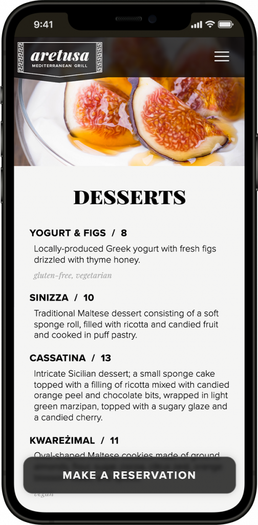Desserts portion of the menu displayed on mobile