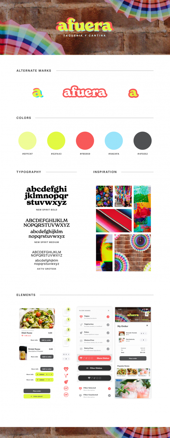 Image showing alternate logos, colors, typography, and inspiration for Afuera