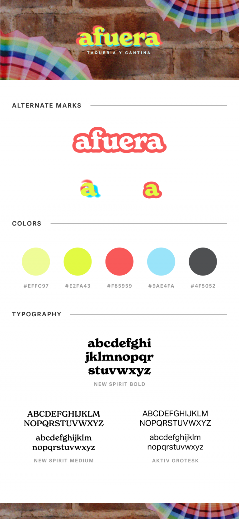 Image showing alternate logos, colors, and typographic choices for Afuera branding