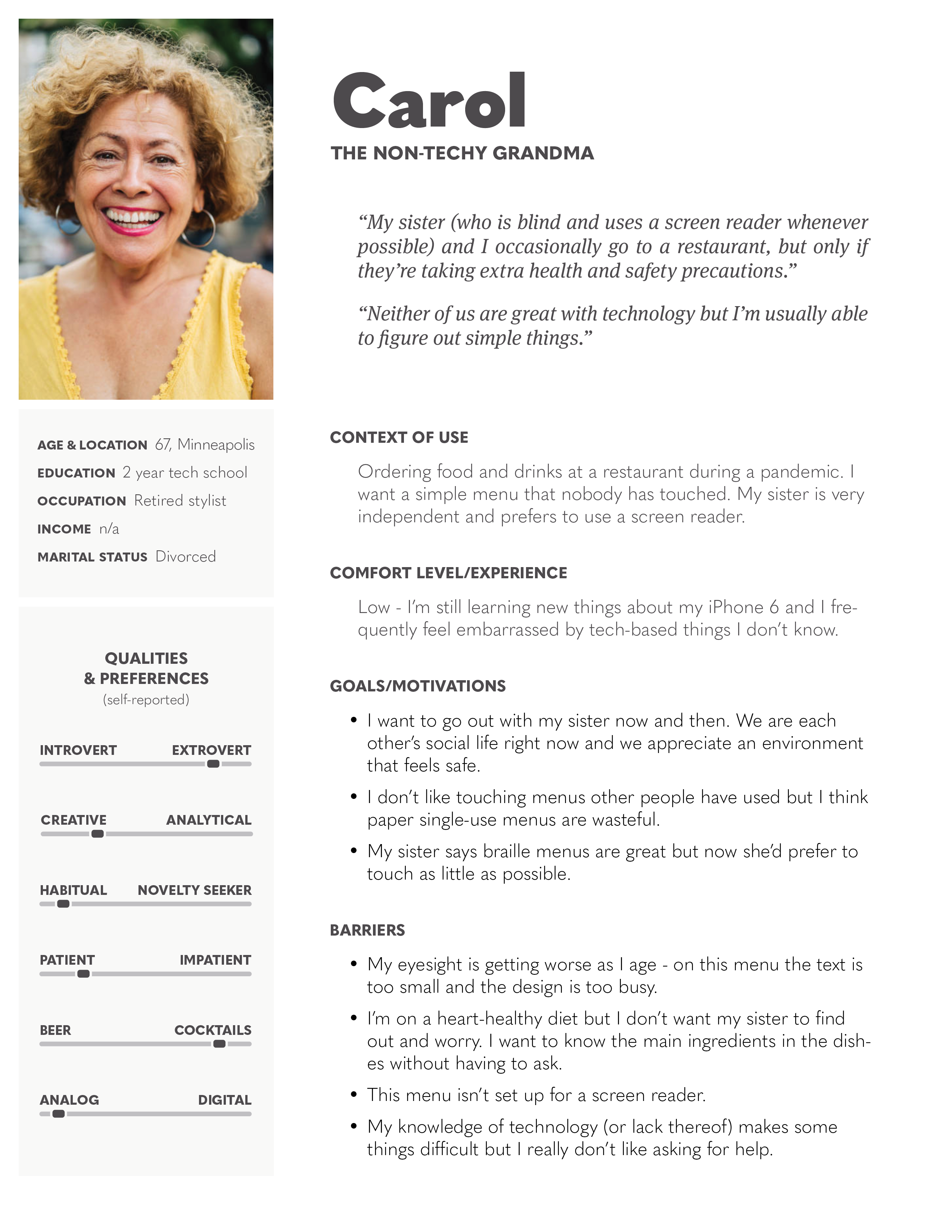 Document showing the second persona created for the UX study