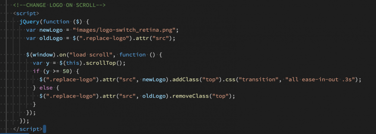 Screenshot of the jQuery code to switch the logo